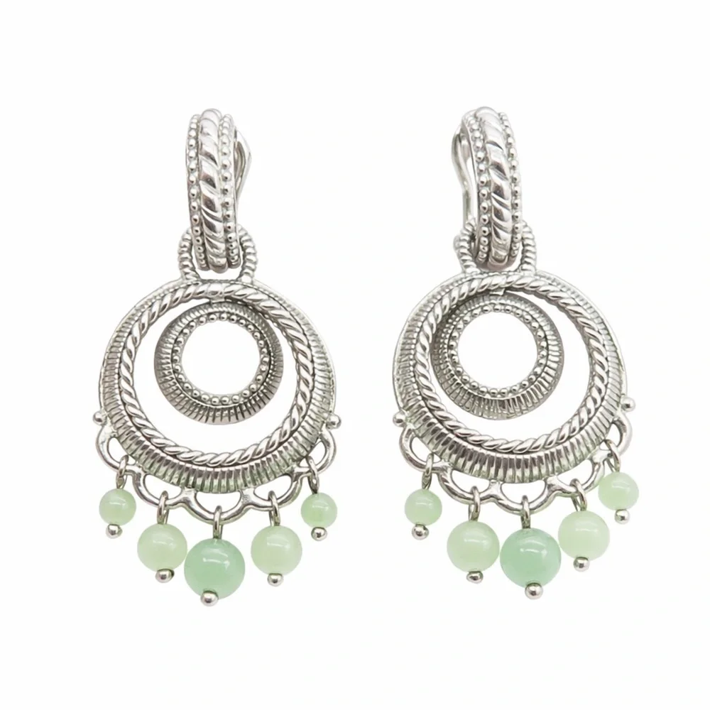 JUDITH RIPKA 925 Sterling Silver Real Jade Dangle Charm Omega Back Earrings